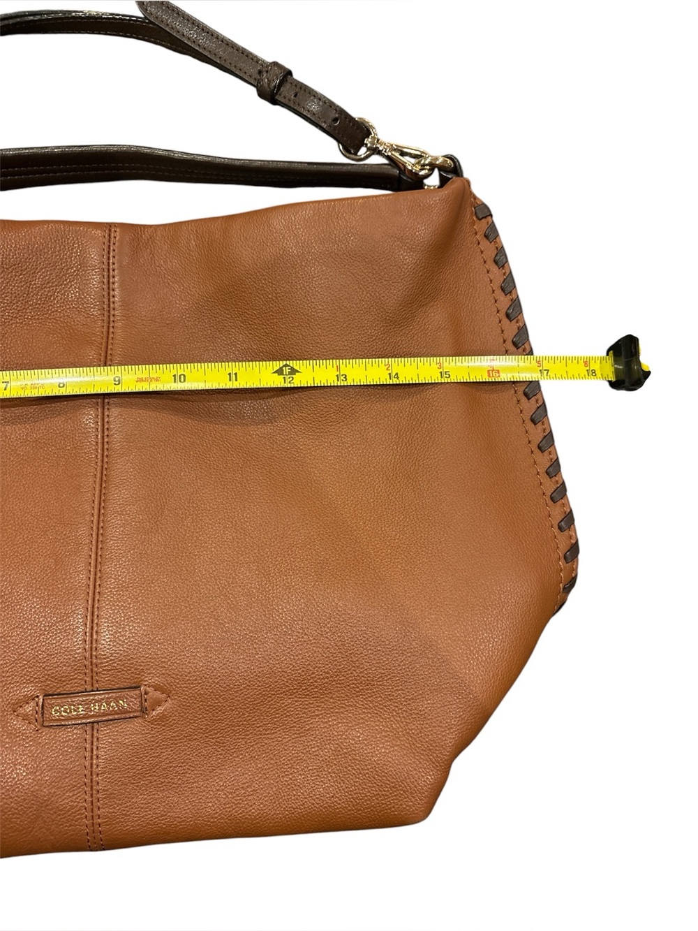 Cole Haan Tan Leather Hobo Shoulder Bag with dark brown stitching on sides - Picture 5 of 9